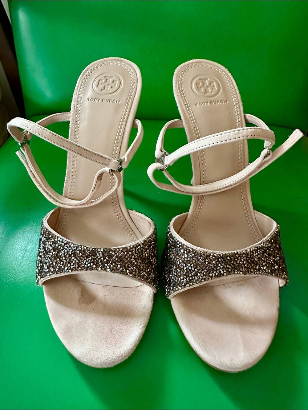 Tory Burch Nude/Sparkle Open-Toe Ankle Strap Heels